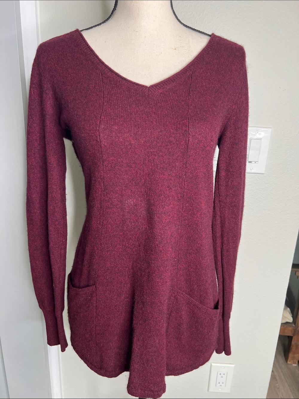 Saffron Cashmere Wine Red V-Neck Tunic Sweater
